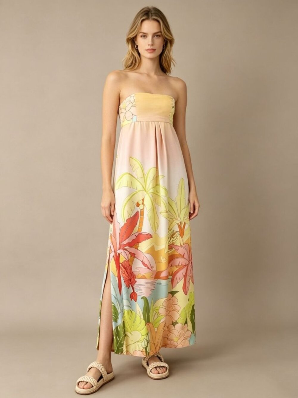 NWOT Farm Rio Linen Blend Floral Strapless Maxi Dress Size M Hawaiian Tropical